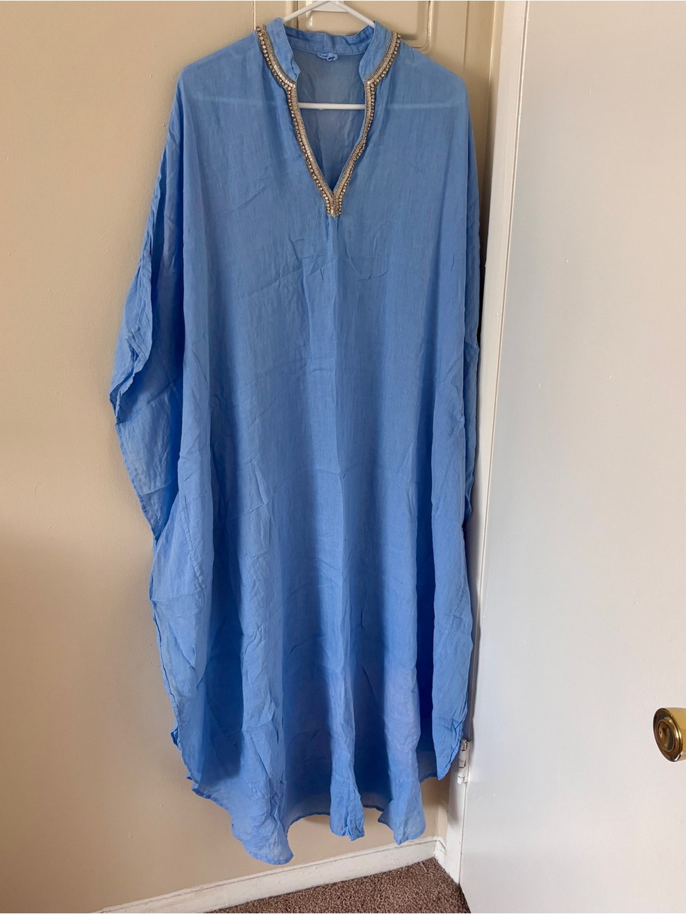 NWOT 120% Lino Luxury Italian Linen Blue Beaded V-Neck Kaftan